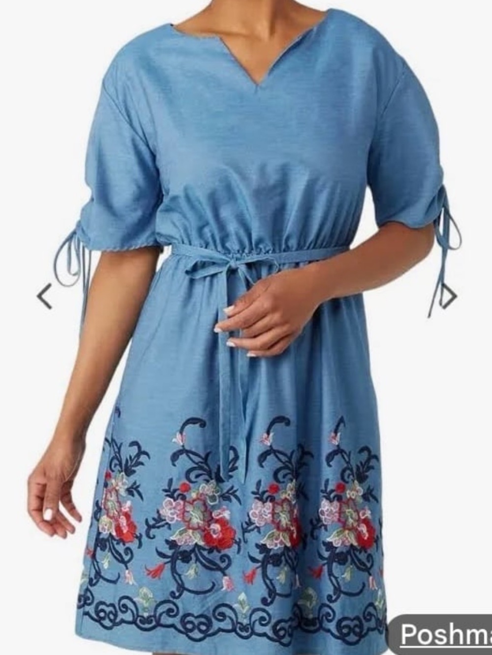 NWT Roz & Ali Light Blue Embroidered Waist-Tie Dress